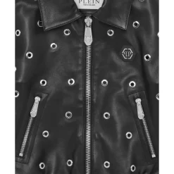 Cropped Leather Bomber LS Eyelet><noscript><img width=