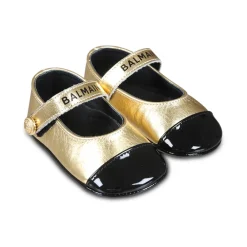 Goldene Leder-Ballettflats mit Riemen><noscript><img width=
