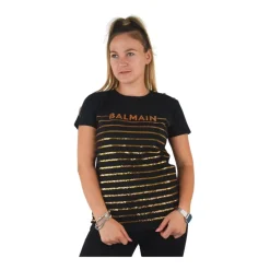 Kurzarm Bio-Baumwoll-T-Shirt mit goldenen Applikationen>Balmain Outlet
