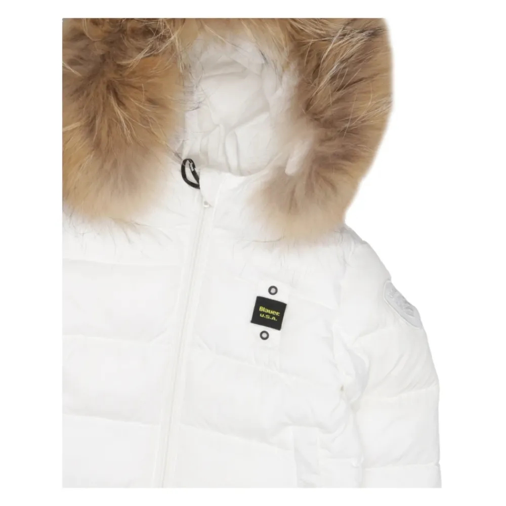 Technischer Stoffmantel mit Fell>Blauer New