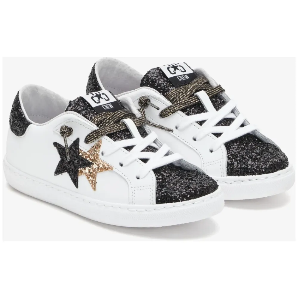 Weiße Ledersneakers mit Schwarzen und Goldenen Glitzerdetails>2STAR Clearance
